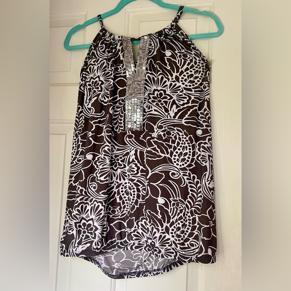 INC gray & White relaxed halter top with Silver Accents